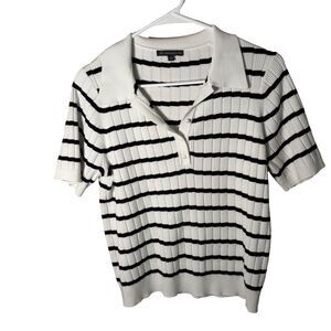 Adrianna Papell Sweater Women's Large Striped Ribbed Short Sleeve Popover